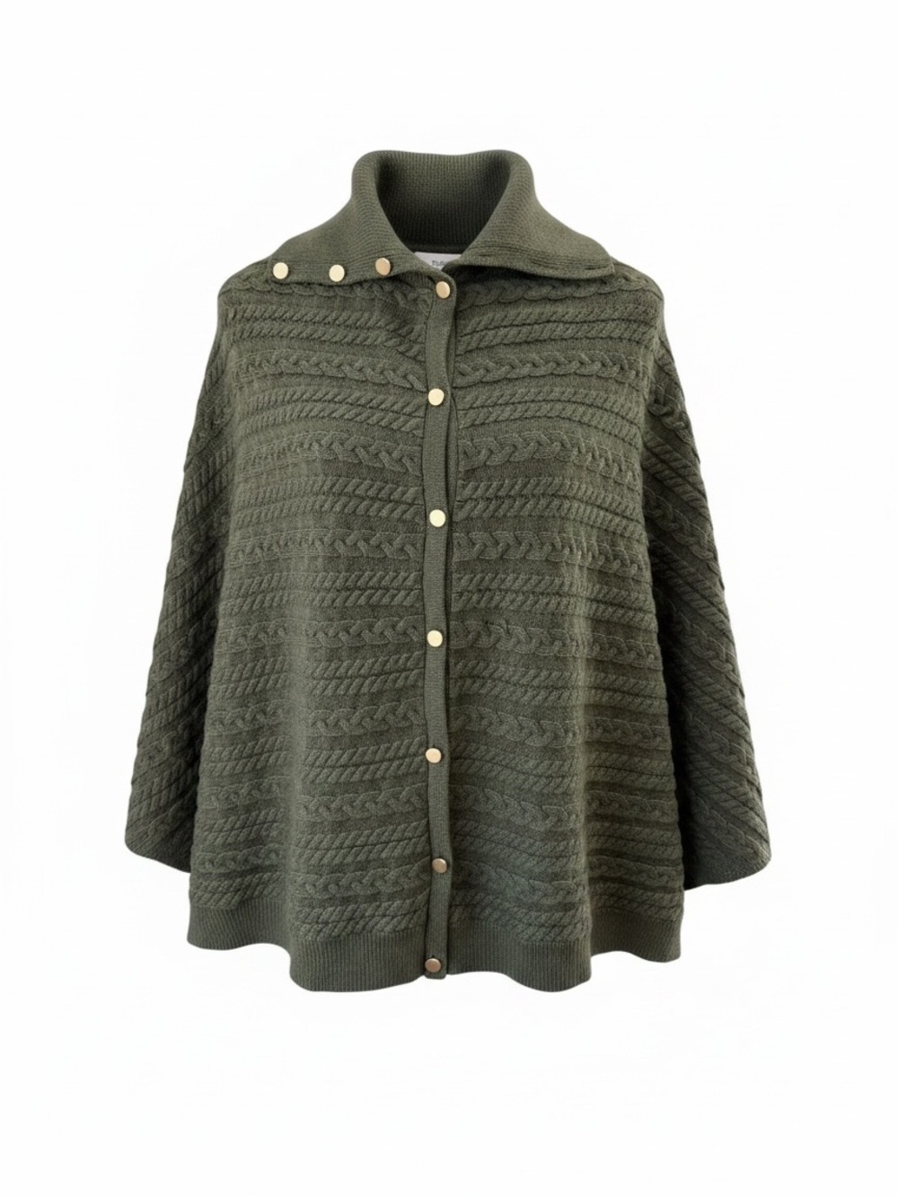 NWT Charlie Paige Olive Green Cable Knit Button Poncho Sweater OS Cape Wrap